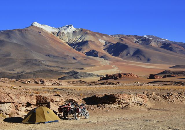September: by Alberto Lara, Canada. Camping in the Chilean Andes at -6.5 Celsius, on our Canada to Argentina tour; BMW F800GS. 